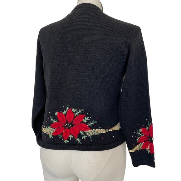 Design Options Cardigan Holiday Poinsettia Floral Black Beaded Size Large VTG - Picture 4 of 12